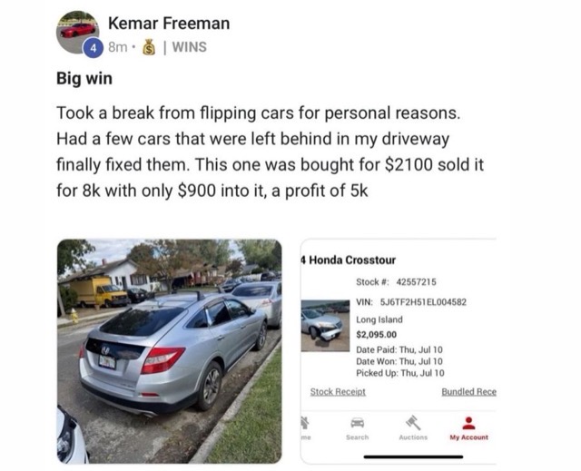 Kemar's post showing the Honda Crosstour and auction receipt
